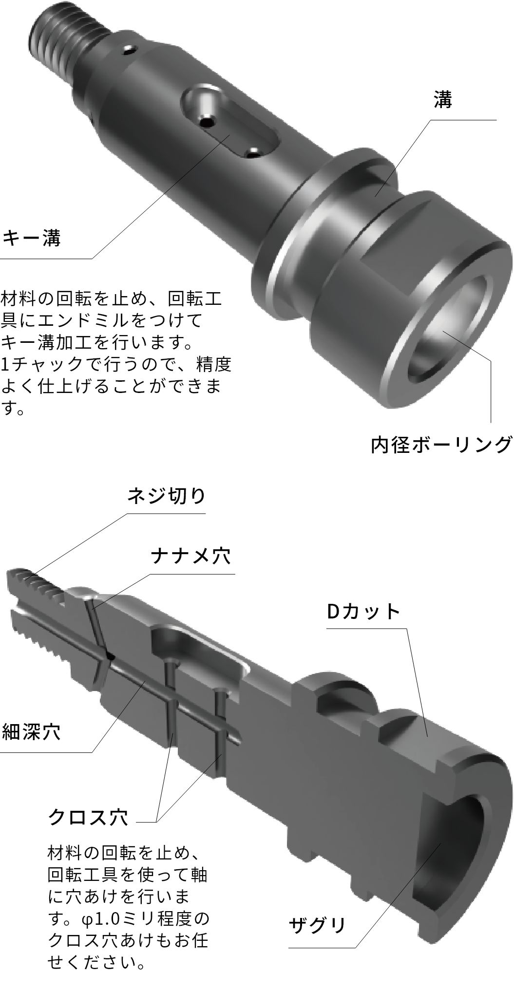 材料の回転を止め、回転工具にエンドミルをつけてキー溝加工を行います。
1チャックで行うので、精度よく仕上げることができます。